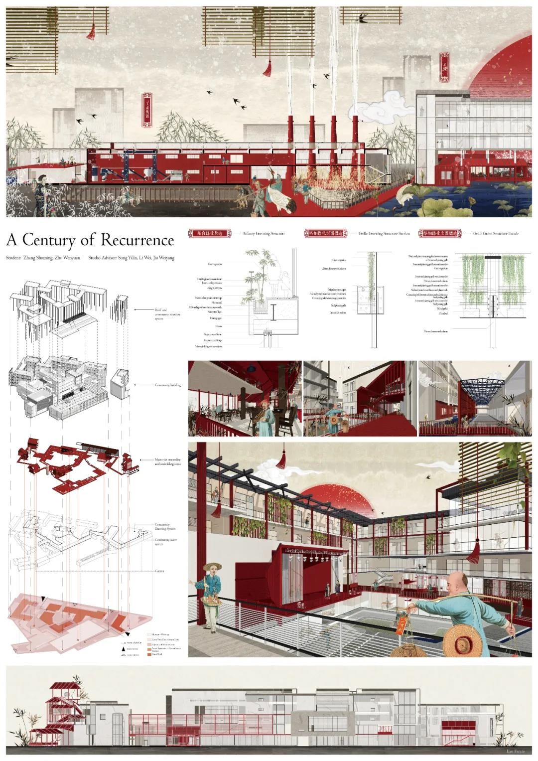 Editorial architectural plan in red and cream